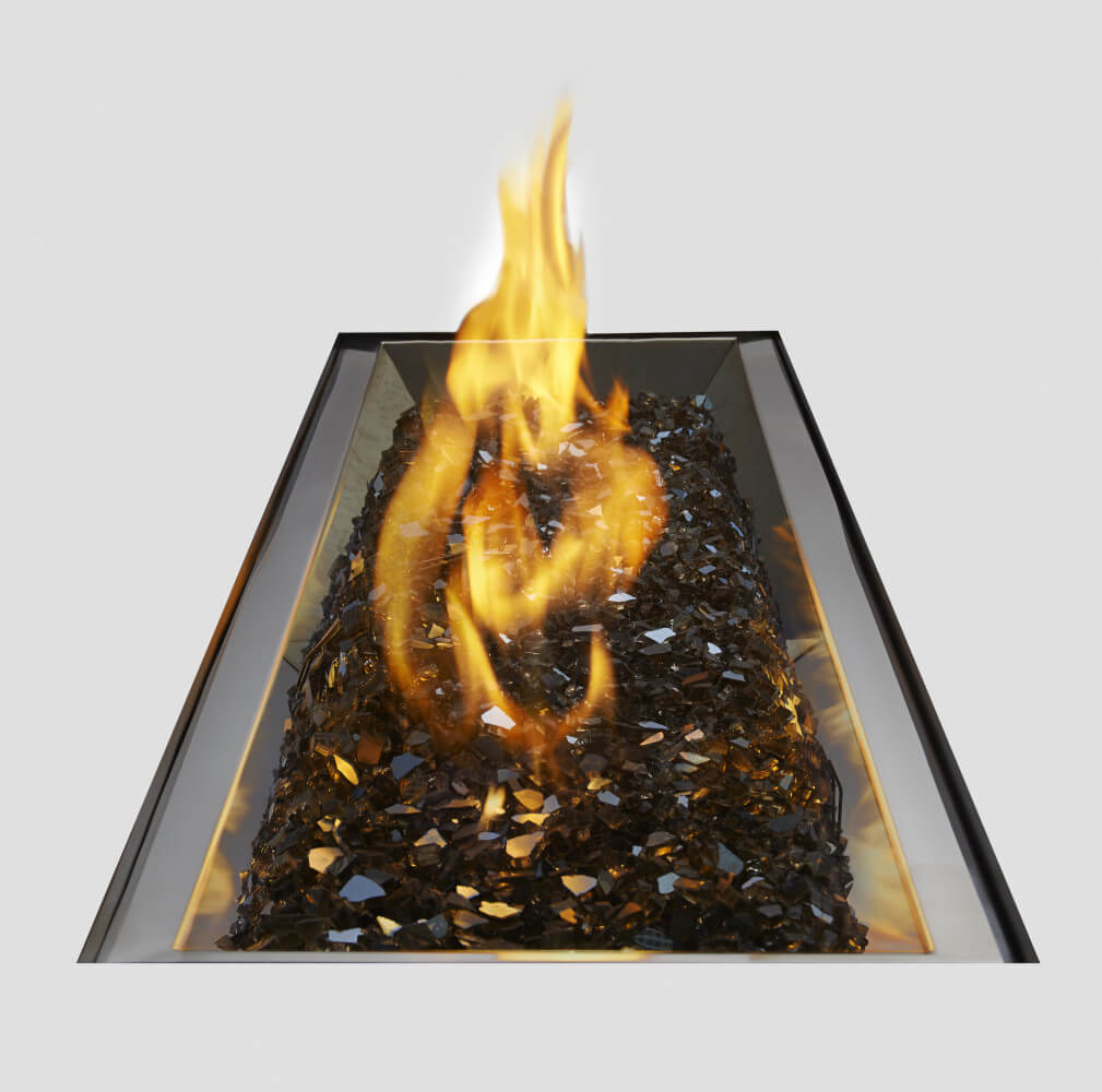 Pyramid-shaped fire pit with flames and glass beads on a gray background