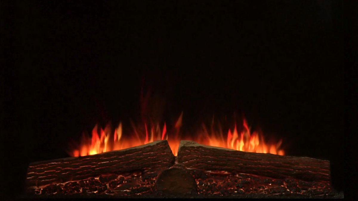 flame with two logs and a third log partially visible with burning embers