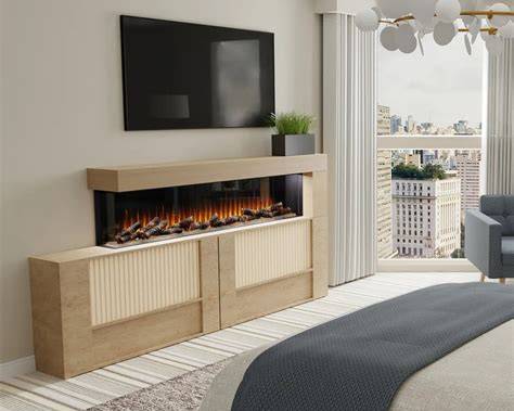 living room image see city out the window with fireplace in a beige built in structure 