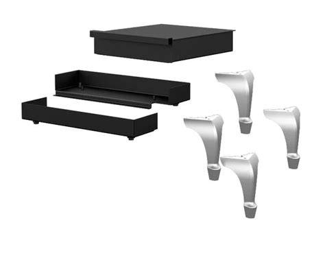 A set of black drawer organizer trays and four white plastic feet, shown as exploded parts on a plain white background.