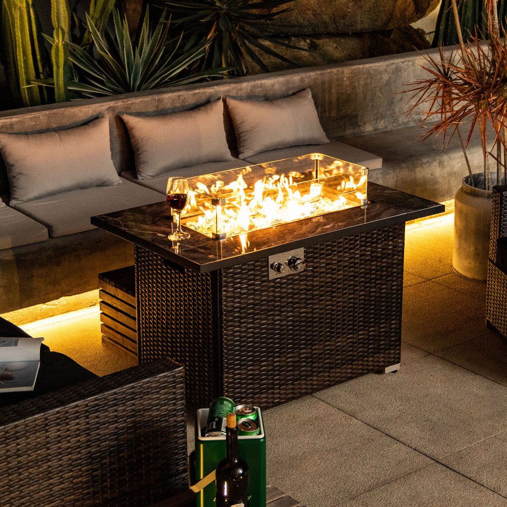 Wicker Fire Table with Marble  Top