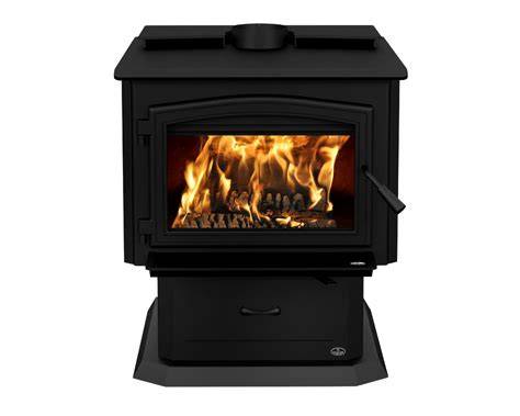 A black wood-burning stove with a visible fire inside the glass door, shown against a plain white background.