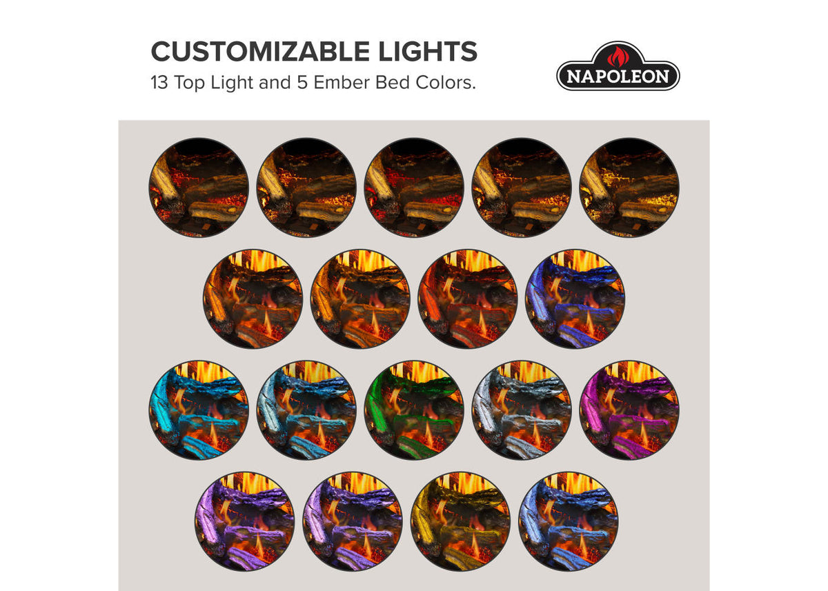chart howing customizable lights and ember bed color options