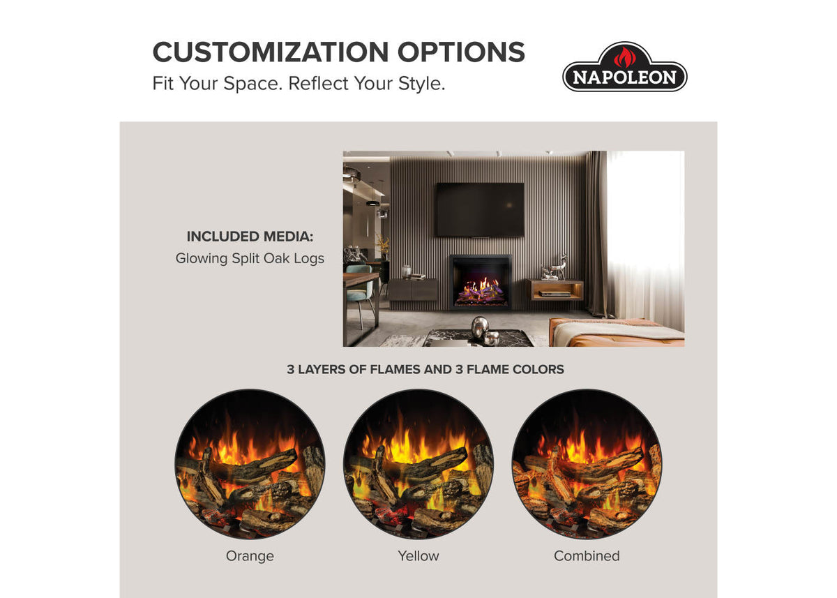 fireplace in background and chart showing customization options