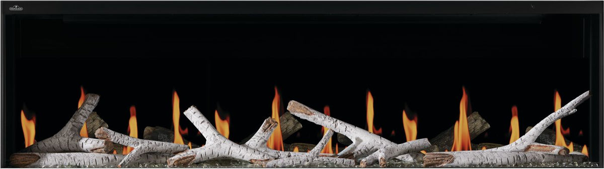 A fireplace insert showing faux birch logs and orange flames against a black background.