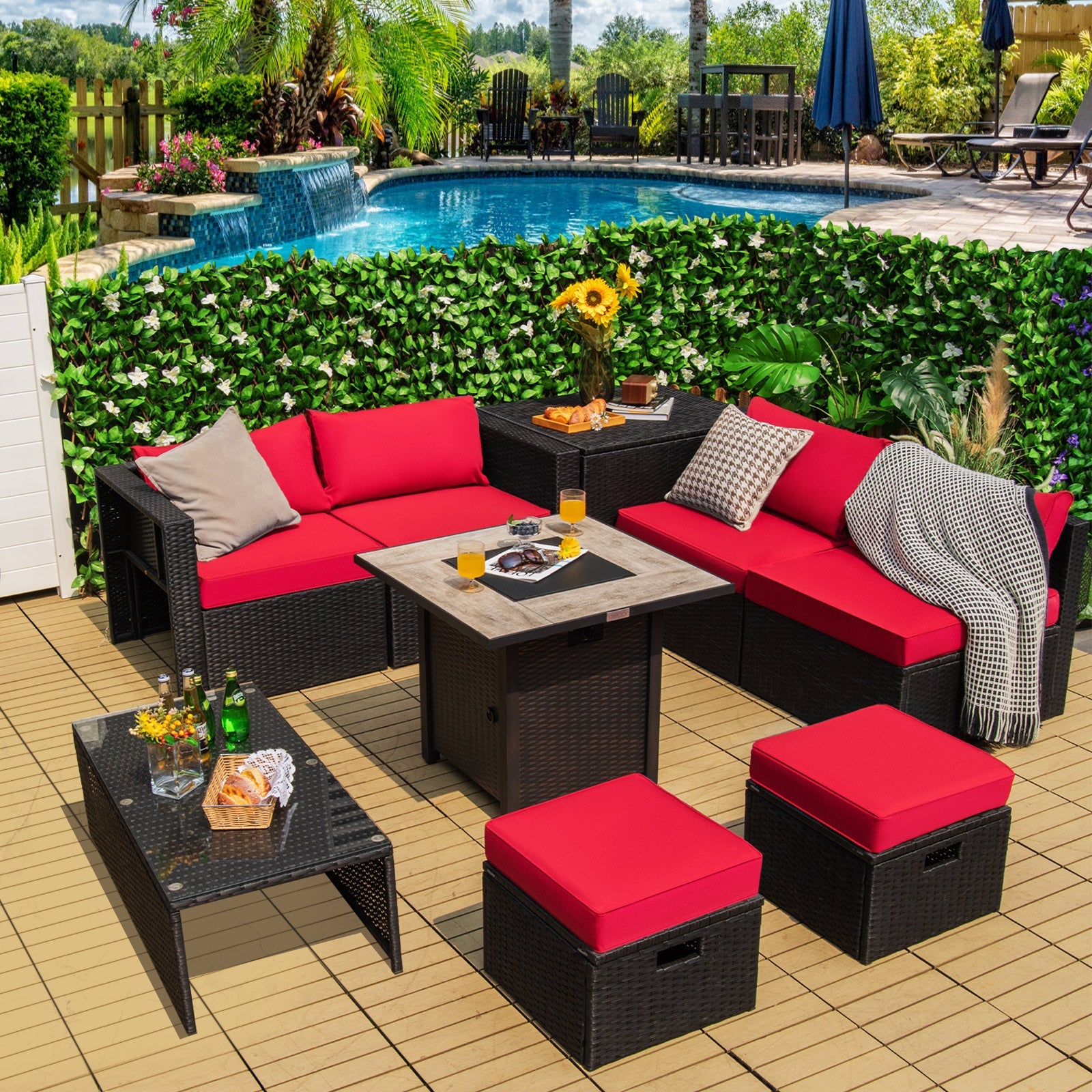 Wicker Sectional Sofa with 42 Inch Gas Fire Pit Table