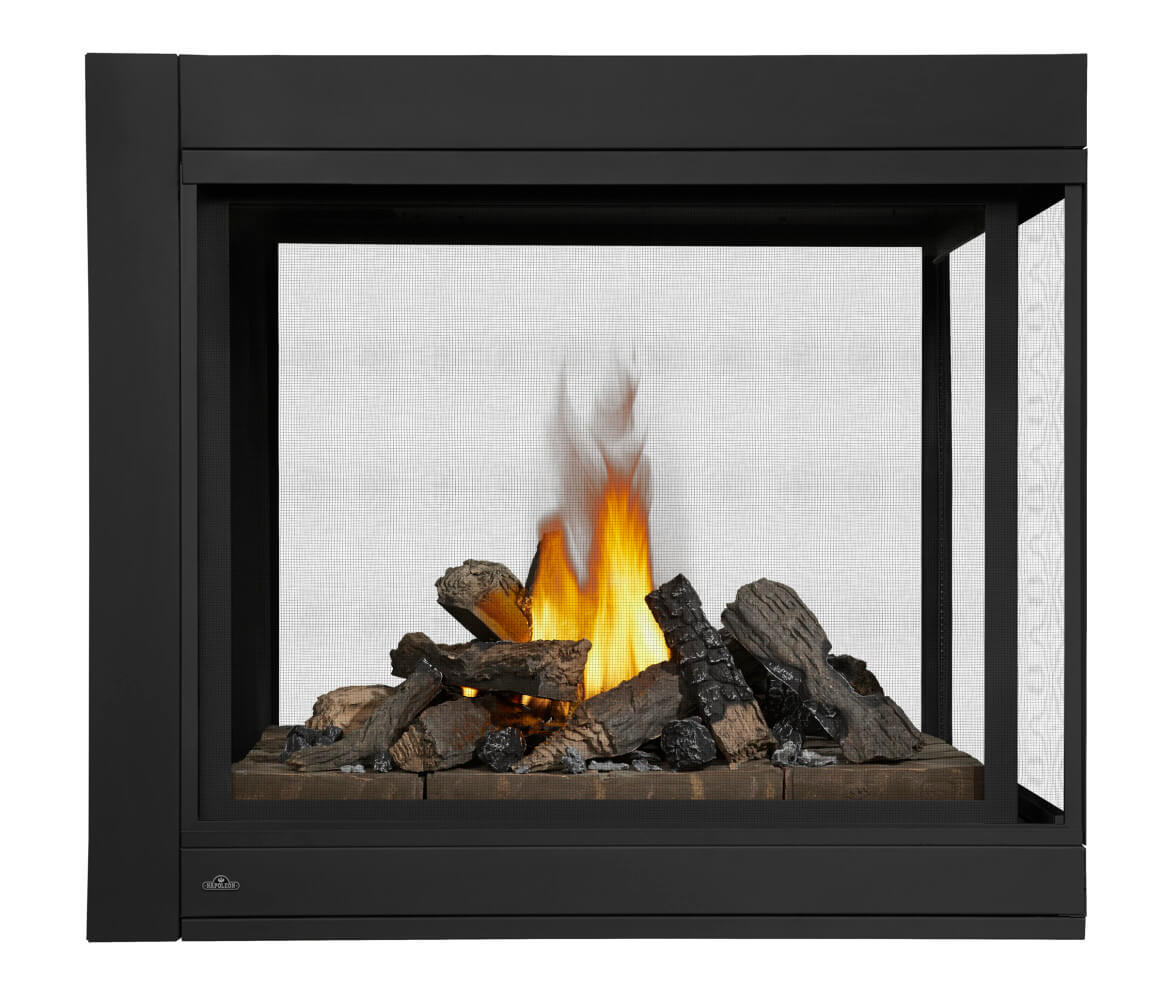Modern gas fireplace with flames and logs on a white background