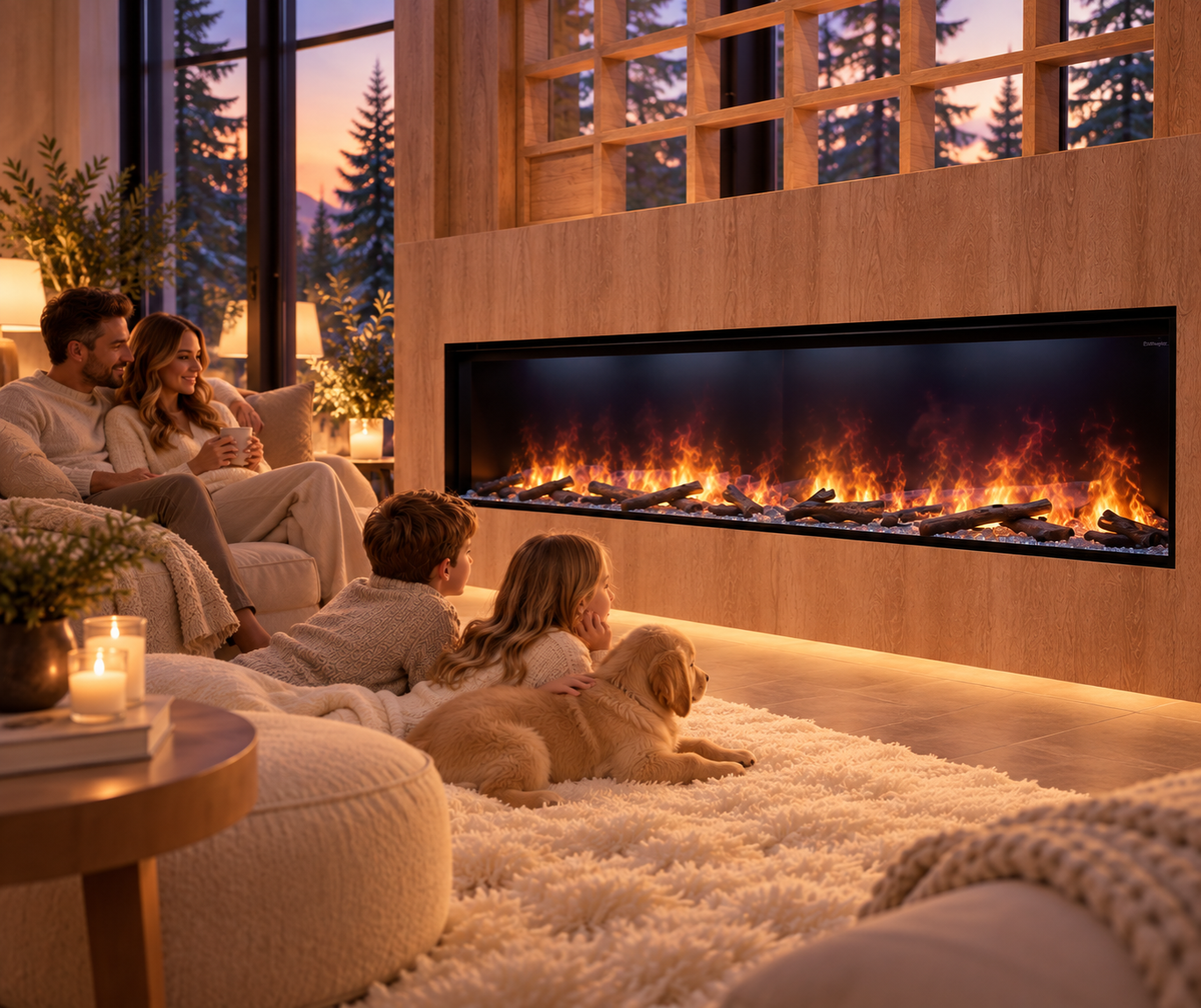 family in living room with Fireplace 