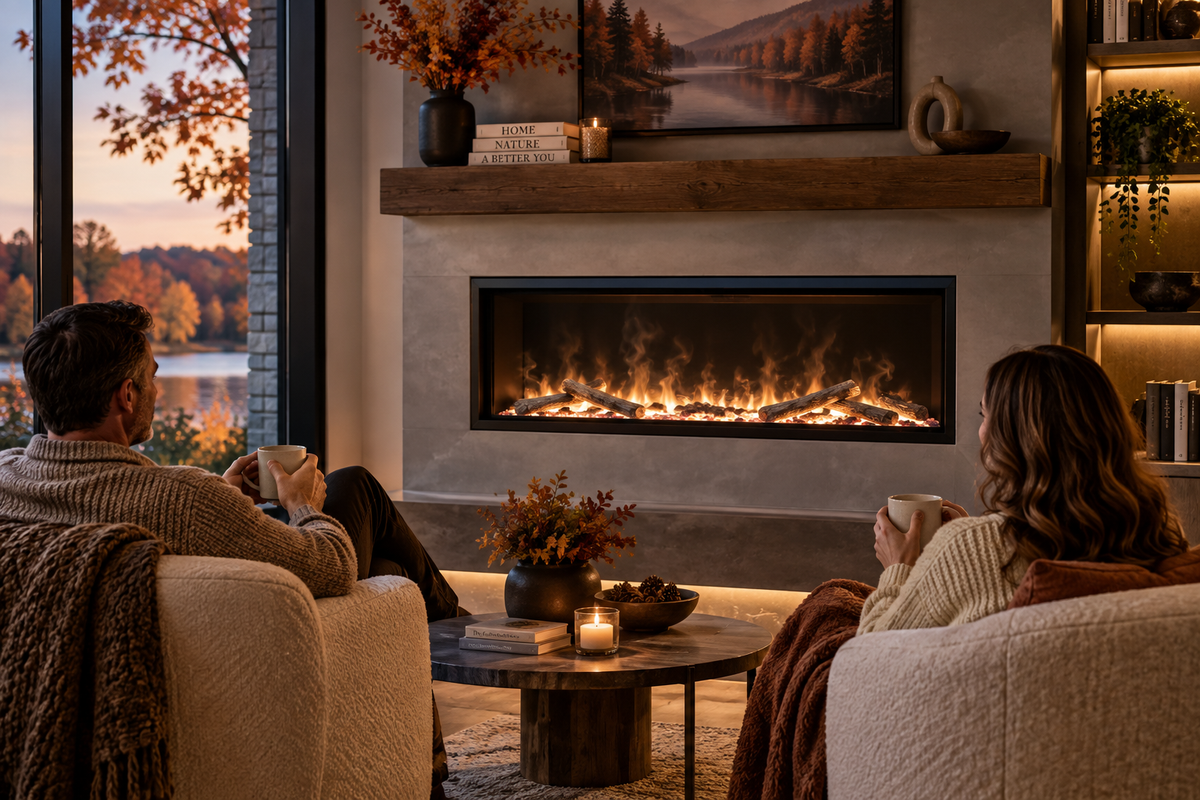 A modern linear electric fireplace mounted on a concrete wall in a cozy living room, with two people sitting in armchairs facing the fire and holding mugs. The room features a wooden mantel with fall decorations, a large window showing an autumn lakeside view, and warm ambient lighting.