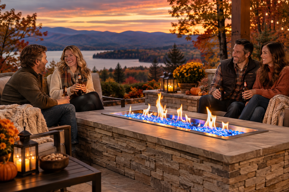 outdoor fall scene with 2 couples drinking beer around the fire table