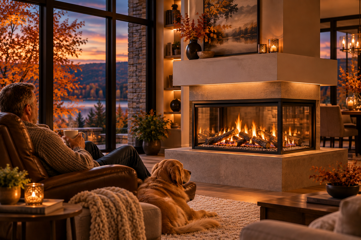 A cozy living room scene with a person reclining in a leather armchair by large windows, a golden retriever lying on the rug, and a modern fireplace with a stone surround and visible flames. The setting is warmly lit at sunset with autumn trees outside.