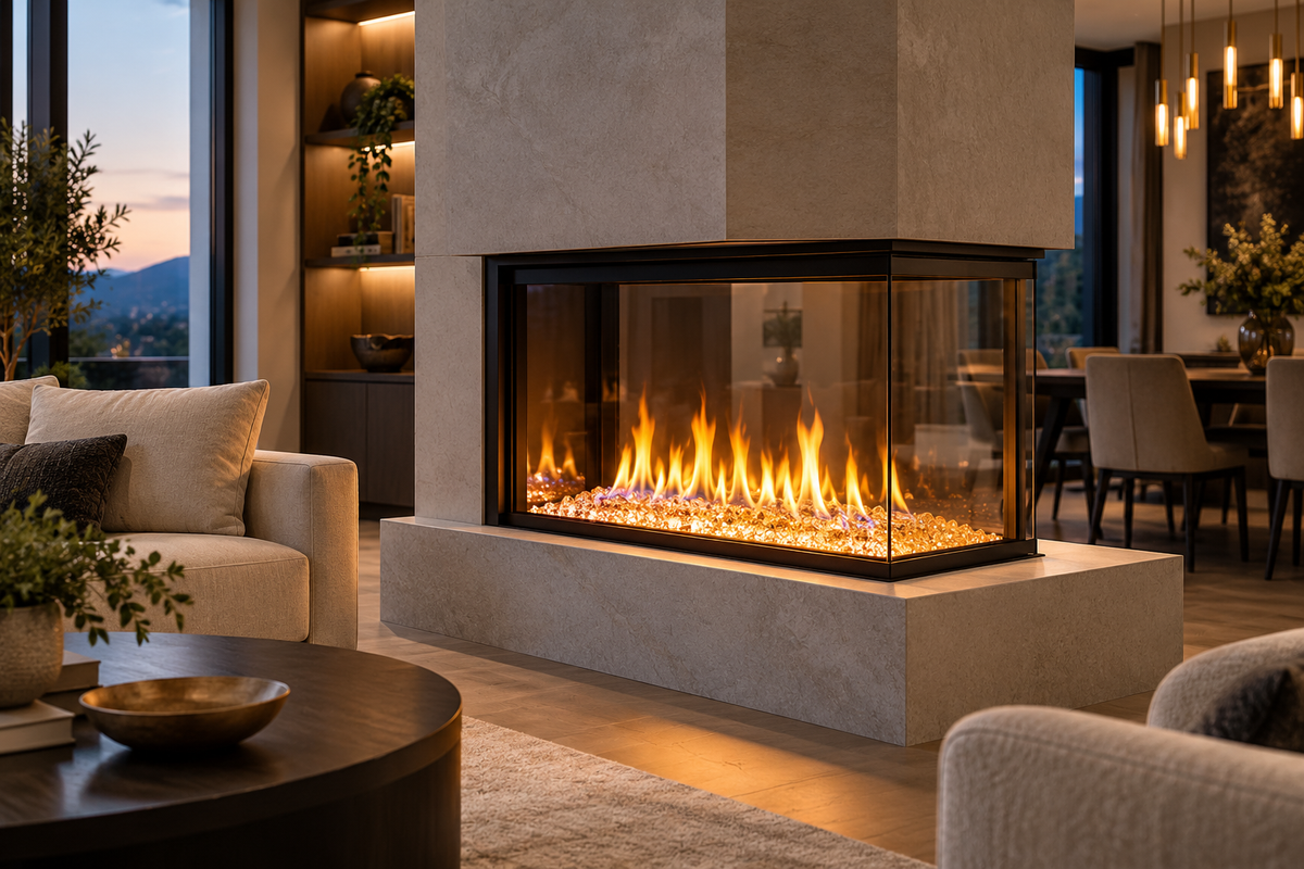 A modern linear fireplace with a black frame and glass front, set in a minimalist concrete surround. The fire burns brightly over decorative river rocks, casting a warm glow onto a contemporary living room with neutral-toned furniture and large windows.