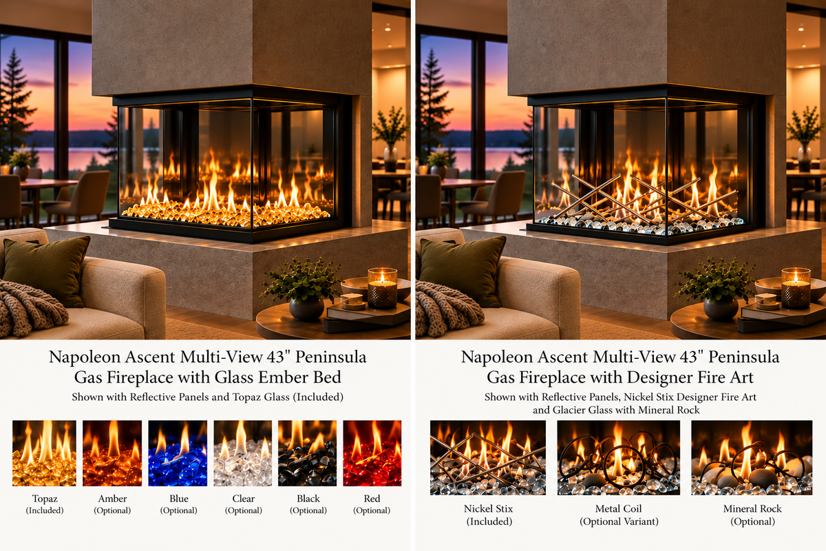 A side-by-side product comparison graphic for the Napoleon Ascent Multi-View 43" Peninsula Gas Fireplace. The top half shows two views of the fireplace installed in a modern living room, with flames lit.