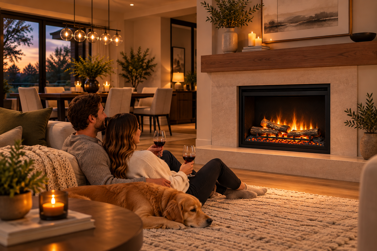 A cozy living room scene with a couple reclining on a rug in front of a lit fireplace, with a golden dog lying nearby and a dining area in the background.