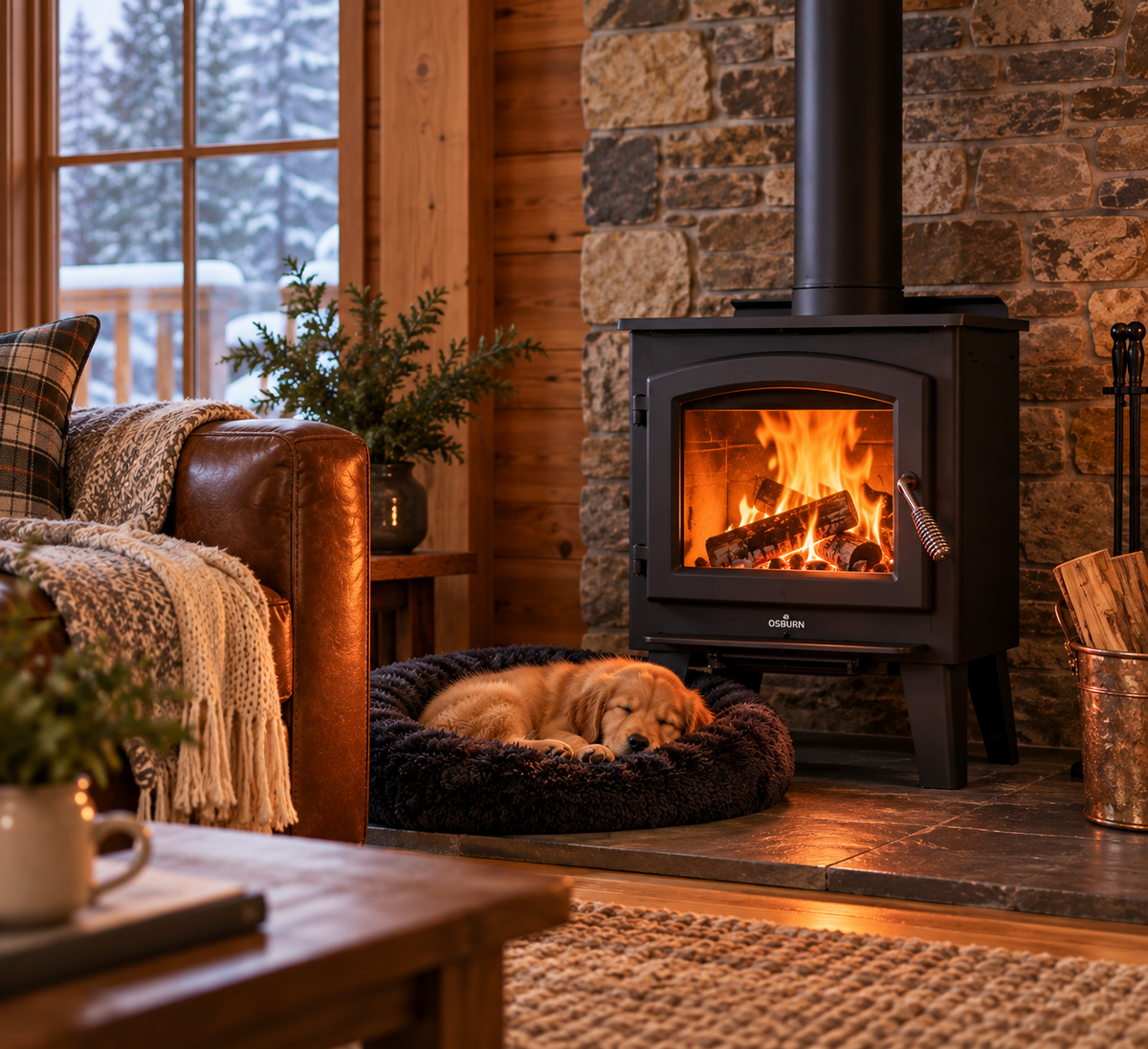 A black wood-burning stove with a glowing fire, set in a rustic cabin living room next to a stone fireplace. A golden retriever is sleeping comfortably in a dark plush pet bed on the floor in front of the stove.