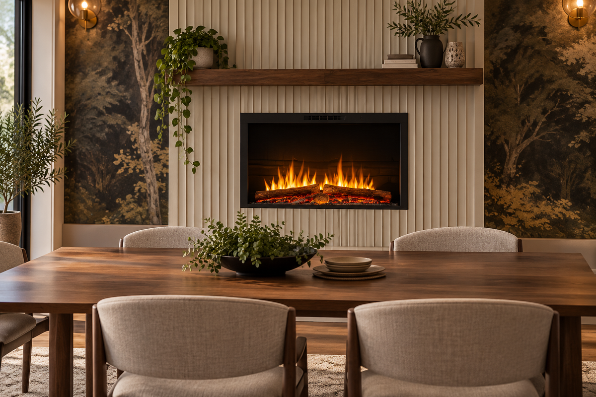 ai image portraying a lifestyle feeling of the fireplace in a dining area with table and chairs and a mantel above the fireplace