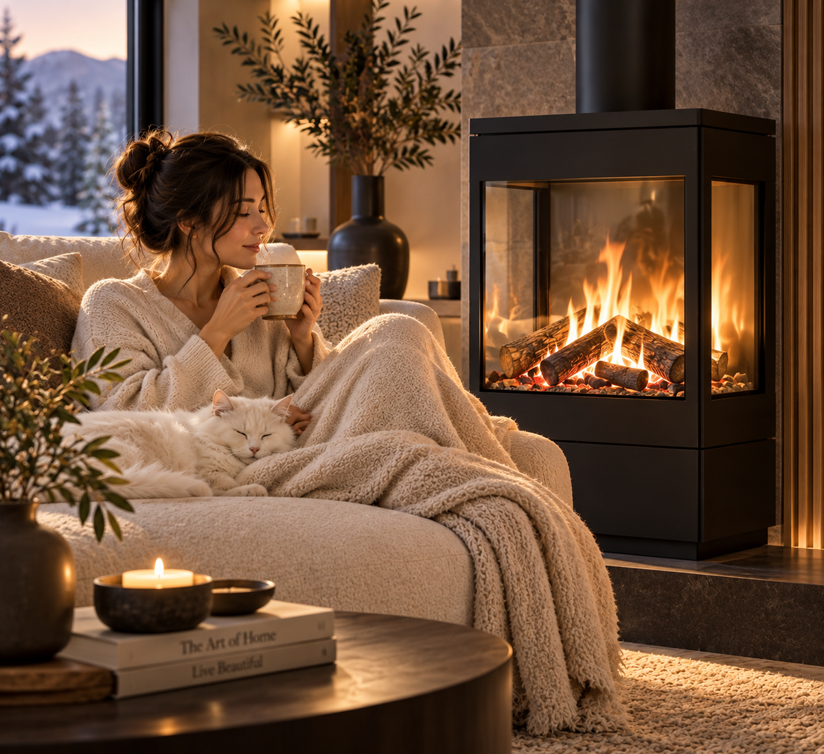 Woman drinking tea in front of fire stove