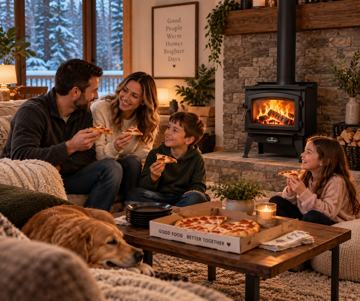 A family of four enjoys pizza slices in a cozy living room with a wood-burning stove, with a golden retriever lying on the couch in the foreground.