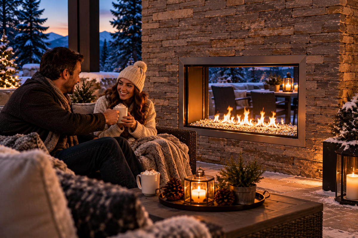 image depicting a couple enoying the outdoor fireplace while sitting on a couch and drinking from mugs . fireplace is built into a stone wall