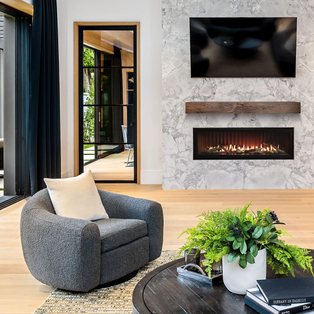 living room with linear gas fireplace