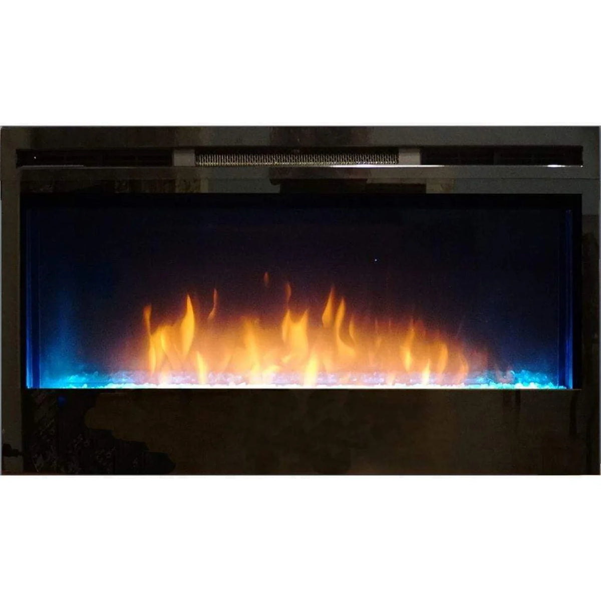 fireplace with orange and blue flame with white background