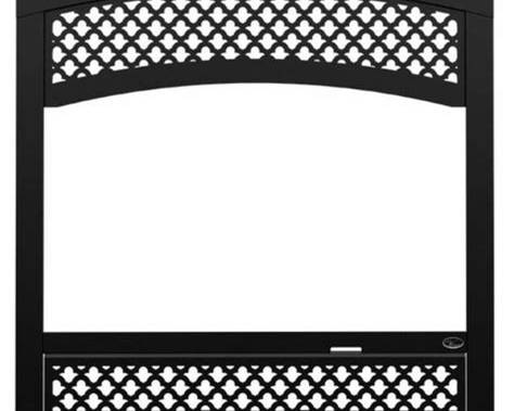 Black metal patio screen door with decorative lattice pattern on the top and bottom panels, shown against a white background.