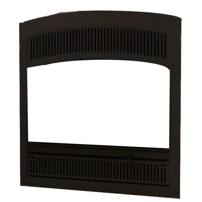 Black fireplace screen with a white center on a white background