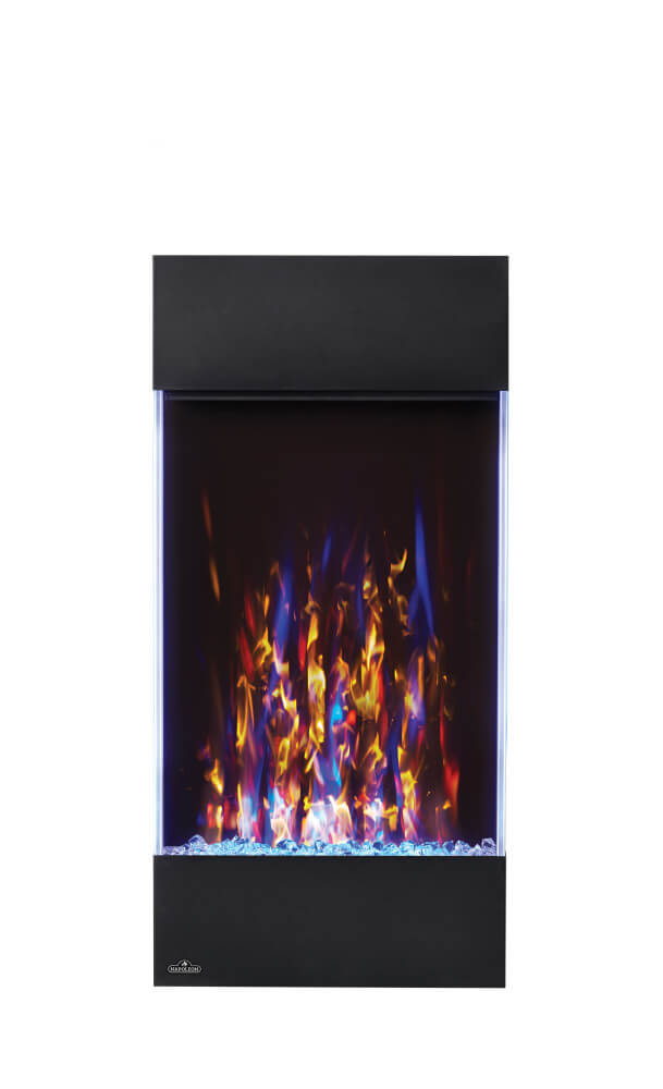 A modern linear electric fireplace with a black frame and vibrant blue, orange, and yellow flames over clear glass beads, shown against a plain white background.