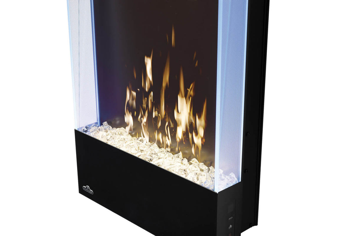 Modern freestanding fireplace with glowing flames and glass beads on a white background
