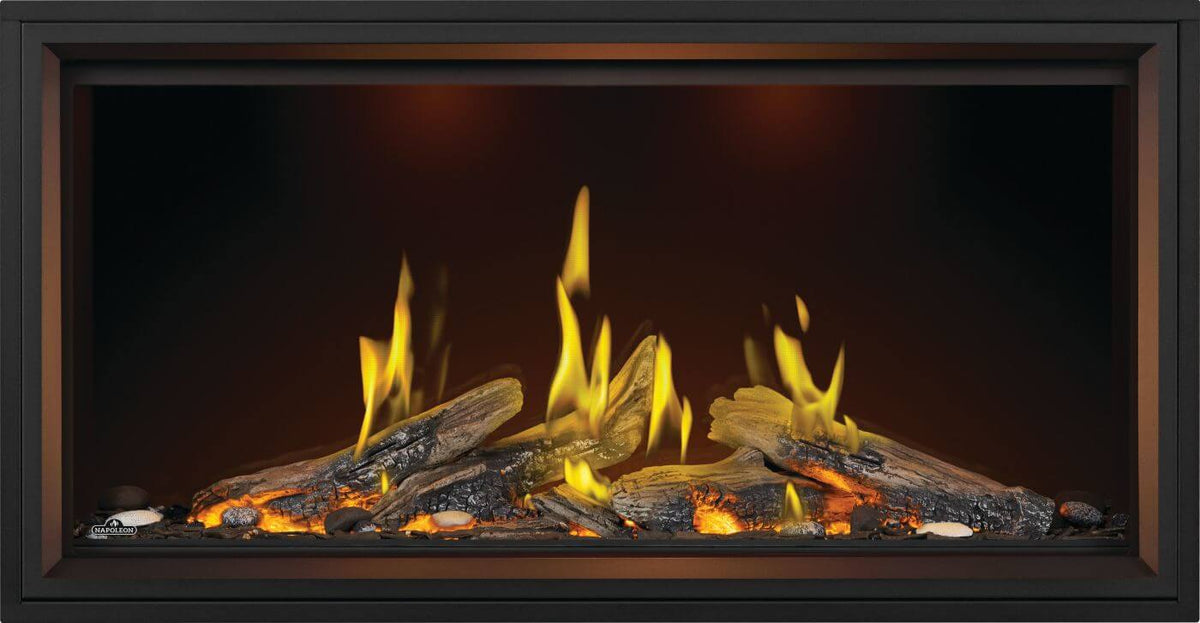 Fireplace with glowing logs and flames inside a dark frame