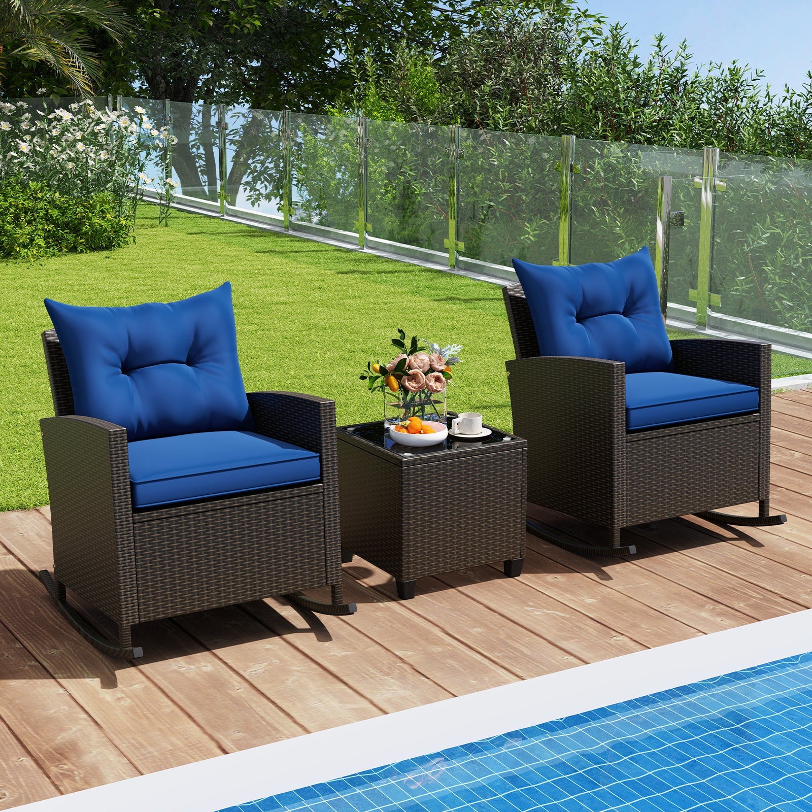 Patio Rattan Roker Chairs with Tempered Glass Table