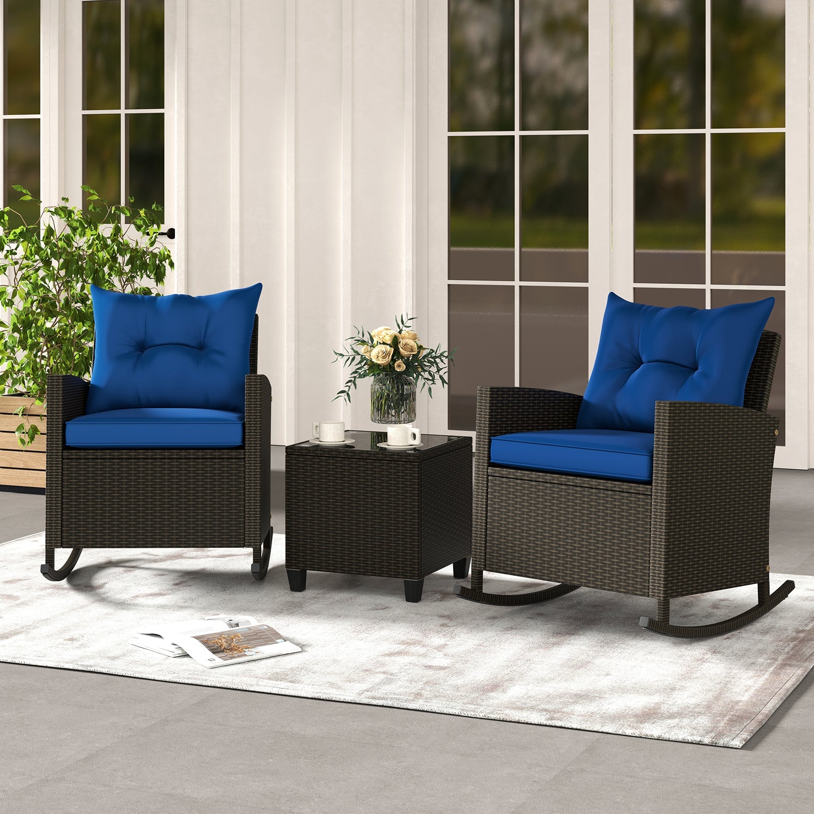 Patio Rattan Roker Chairs with Tempered Glass Table