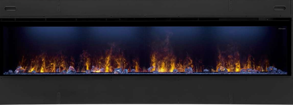 A modern linear electric fireplace with glowing orange and yellow flames dancing over blue and white stones, set within a dark charcoal metal frame.