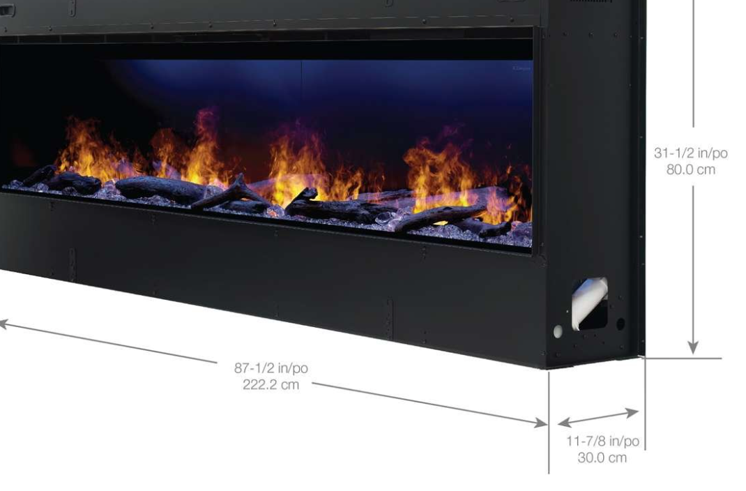 Black wall-mounted fireplace with a glass front and simulated flames and logs, shown with dimension arrows and measurements on a white background.