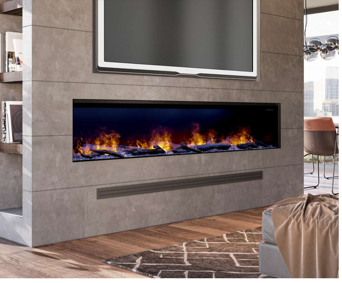 A modern linear electric fireplace installed in a textured gray stone wall, with a mounted flat-screen TV above it. The fireplace displays a vibrant blue and orange flame effect over dark logs.