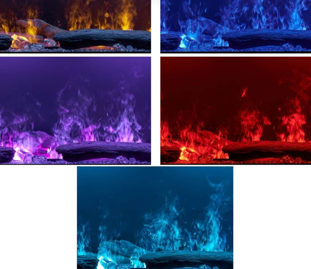 Five panels showing a wood log fire setting with flames in different color modes: orange/yellow, blue, purple, red, and bright cyan.