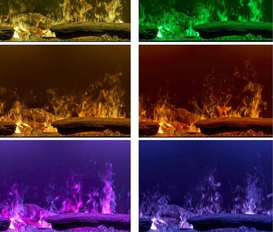 Six-panel collage showing a flame effect over logs, with different color options: yellow/orange, green, red-orange, purple, blue-purple, and white. This appears to demonstrate the product's lighting/color capability rather than a single clean product shot.