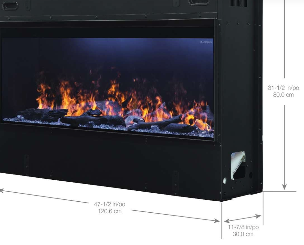 Side view of a black electric fireplace with a lit flame effect, showing dimension annotations for width and height against a white background.