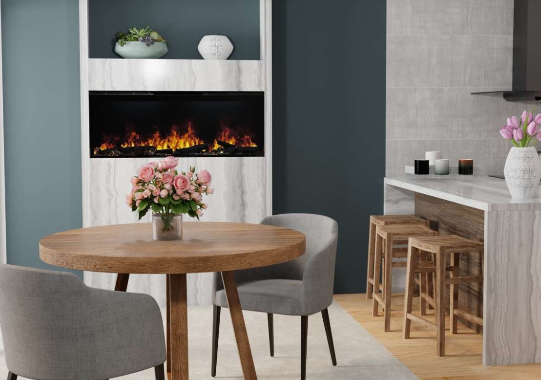 Fireplace in kitchen built in white surround