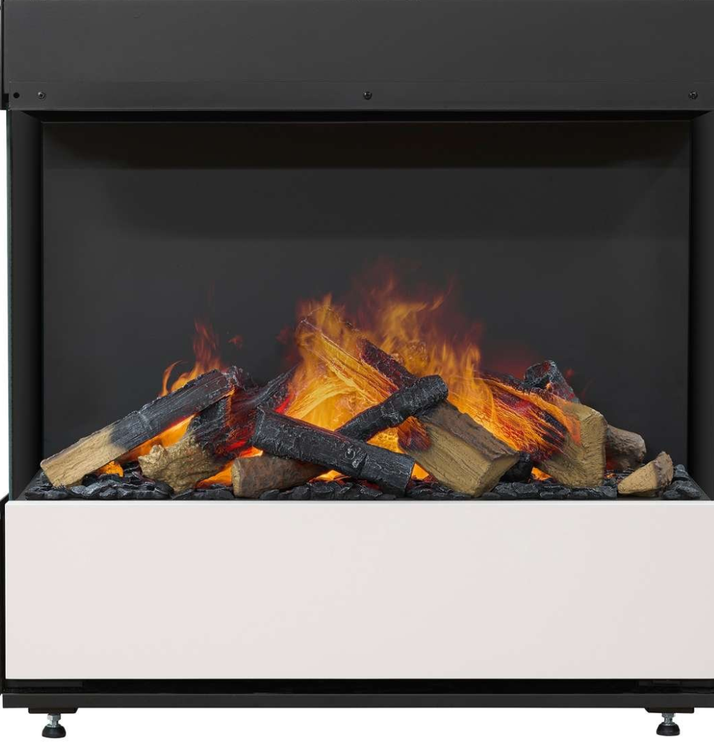 A modern electric fireplace insert with a black frame, white base, and realistic flame effect over faux logs.