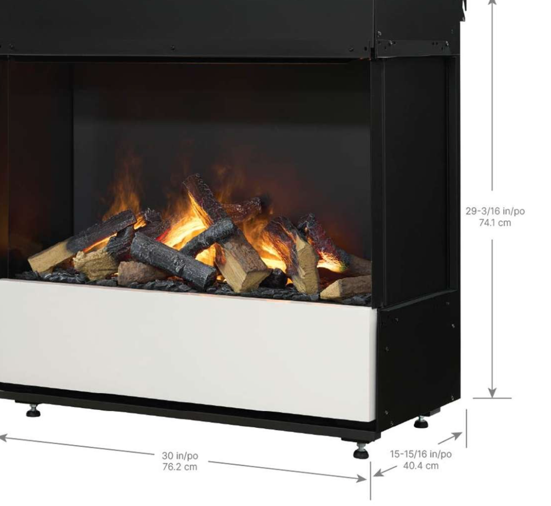 Black and white electric fireplace insert with a realistic wood-burning flame effect, shown with dimension callouts indicating 30 in width, 29-3/8 in height, and 15-15/16 in depth.