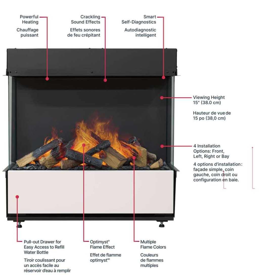 Black fireplace insert with lit faux flames, shown on a white background with French callout labels pointing to features such as powerful heating, crackling sound effects, smart self-diagnosis, viewing height, installation options, and multiple flame colors.