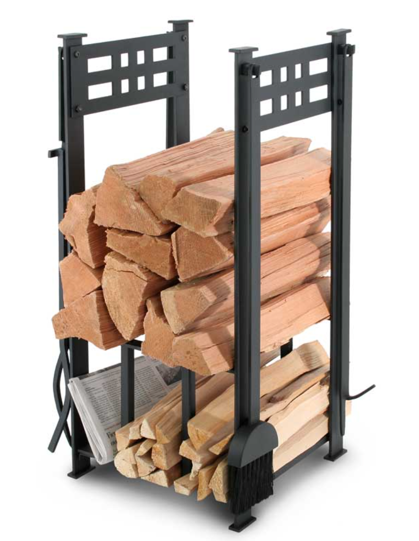 A black metal firewood rack holding stacked logs and newspapers, shown on a plain white background.