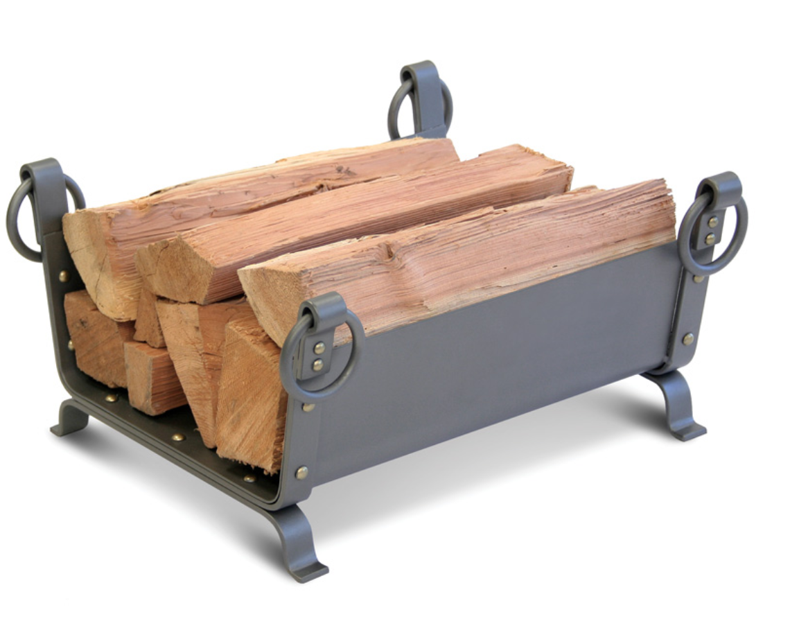 A dark gray metal firewood rack holding stacked logs, photographed on a clean white background.