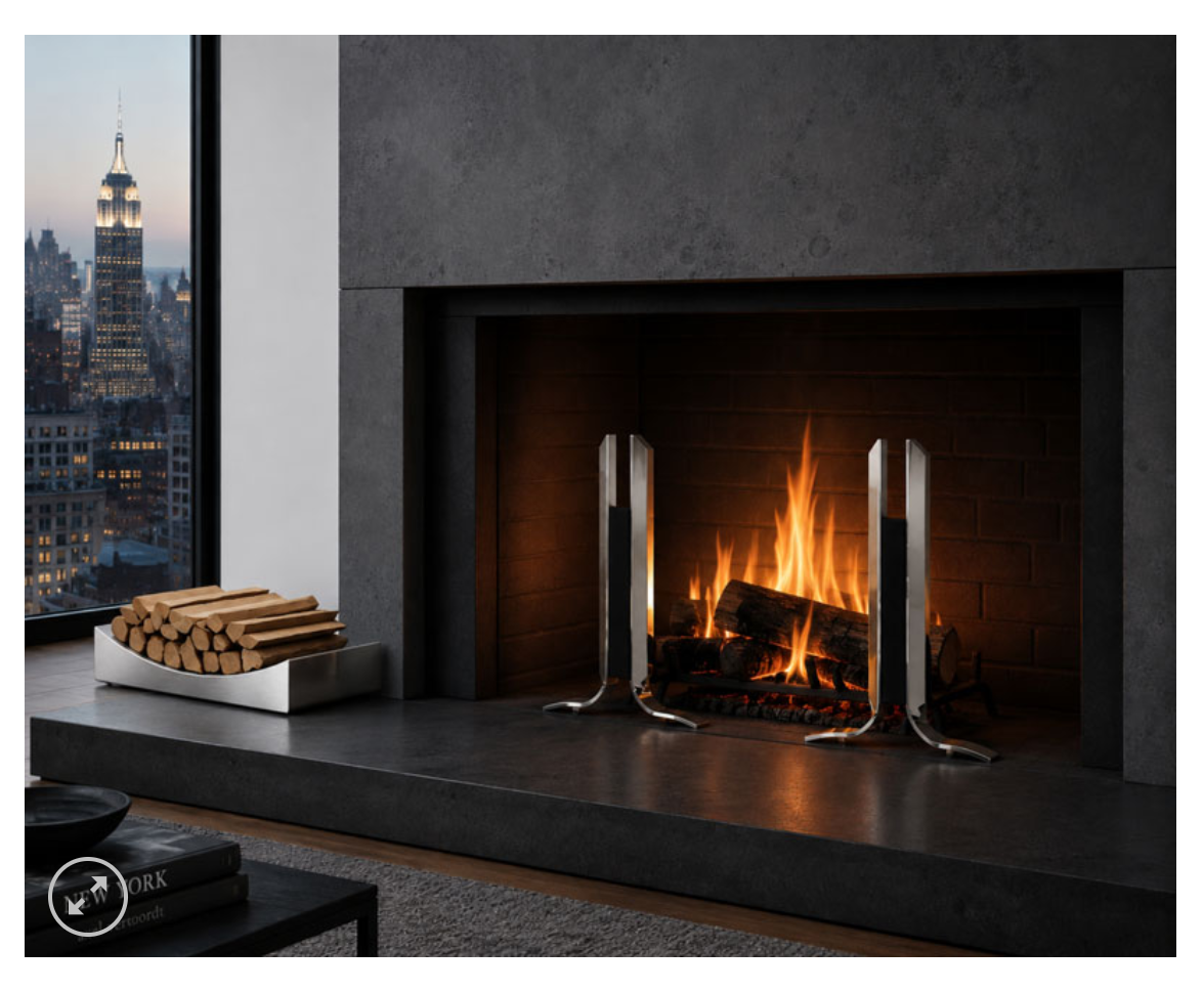 wood holder on the left side of a burning fireplace