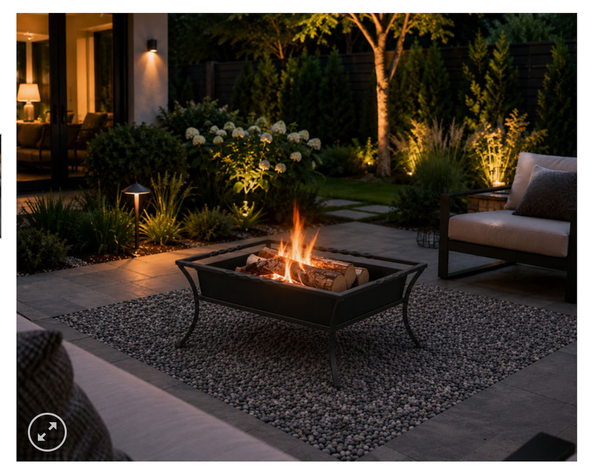 fire pit on gravel stone outdoor evening image with flowers and outdoor seating