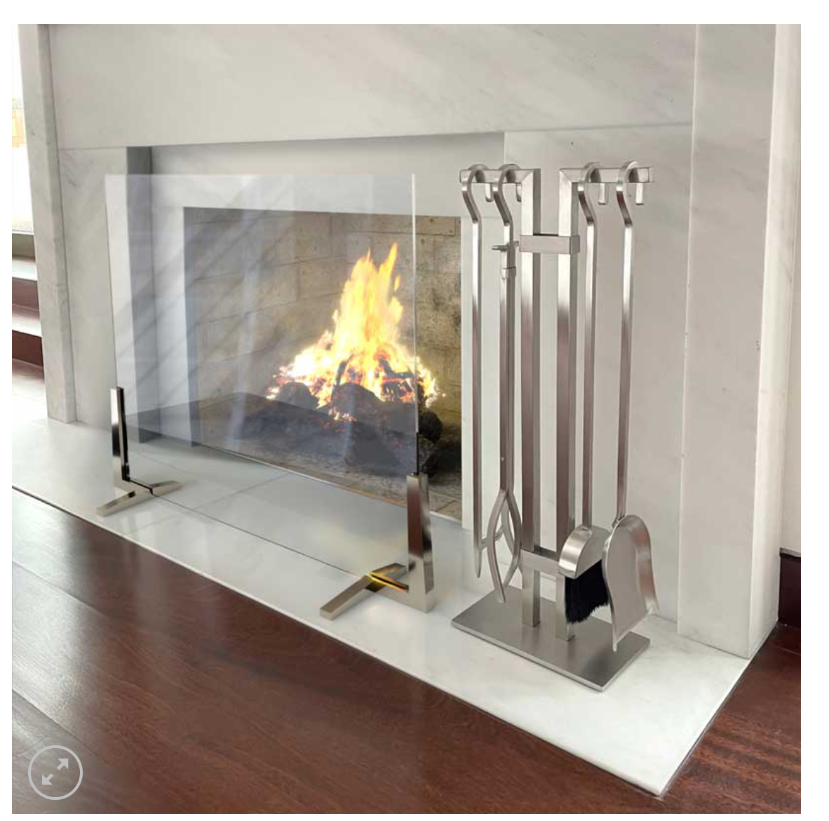  Stainless Stel Tool Set in front of fireplace with burning fire 