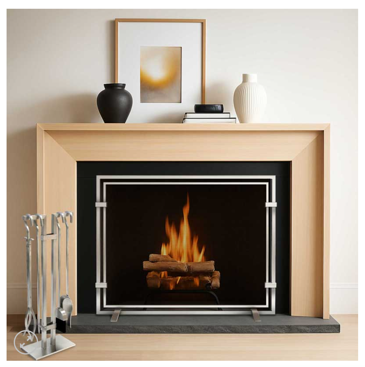 shows stainless steel tool set on the left of a fireplace 
