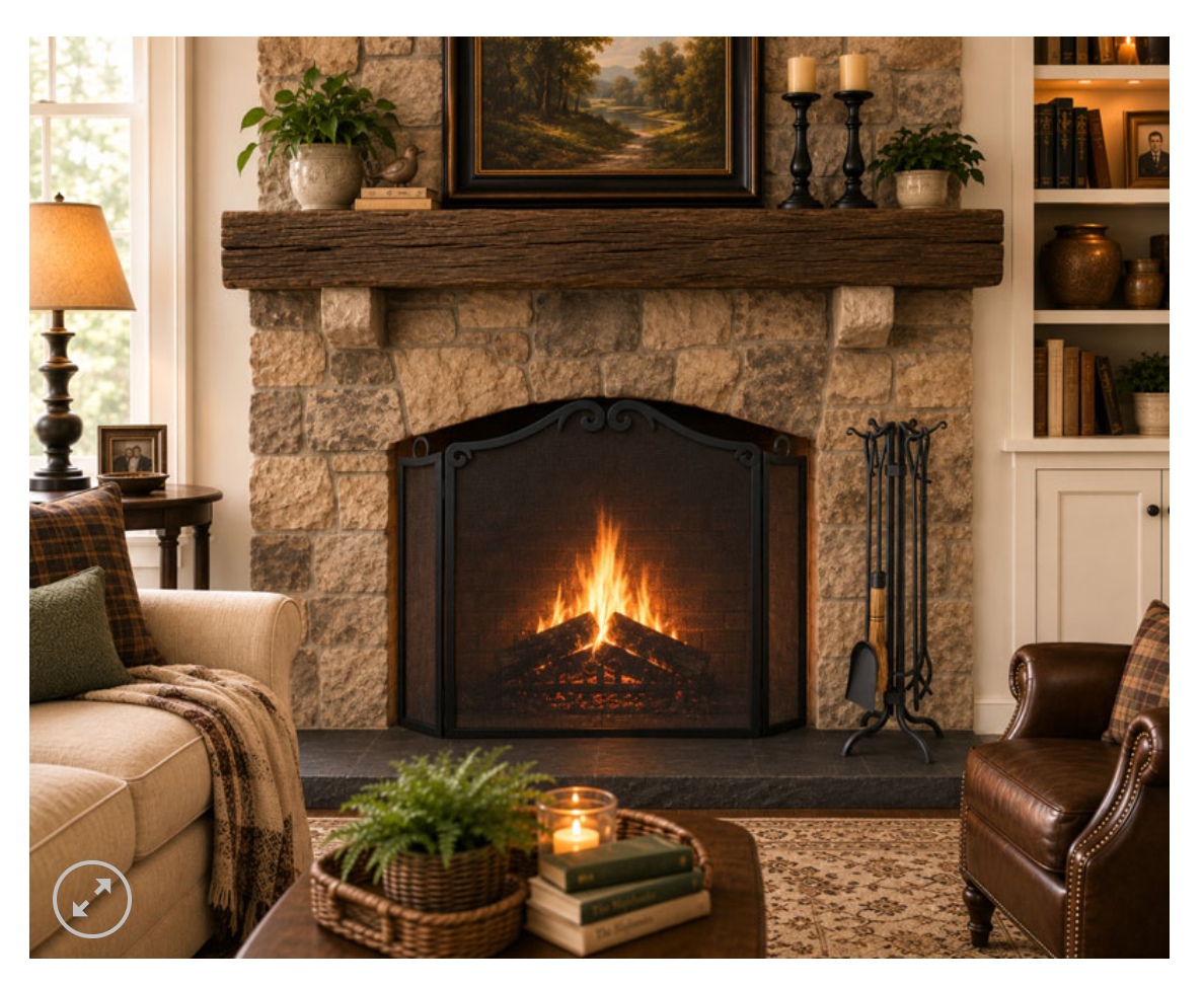 living room wth fireplace and fir burning and arch bow black fireplace screen .