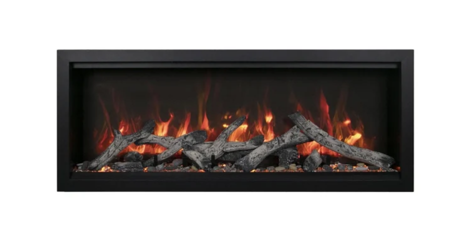 electric fireplace burning over logs on a white background
